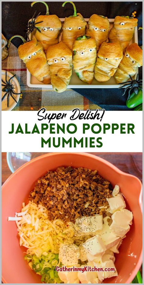 Add a spooky touch to your Halloween parties with these jalapeno mummies. This fun and easy recipe combines spicy jalapenos stuffed with cream cheese, pepper jack cheese, bacon, and scallions, all wrapped in crescent dough for a delicious appetizer. Perfect for Halloween gatherings, these mummy jalapeno poppers are sure to impress your guests. Top with candy eyeballs for a festive and eerie look. Enjoy this easy Halloween snack that's both tasty and fun! Jalapeno Mummies, Fun Halloween Snacks, Halloween Appetizers Easy, Mummy Recipes, Easy Halloween Snacks, Fancy Appetizers, Candy Eyeballs, Festive Appetizers, Halloween Snack