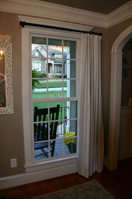 Love the crown molding on the ceiling and the top of the window Hanging Curtains With Crown Molding, Craftsman Window Trim, House Curtains, Hanging Drapes, Window Treatments Ideas, Hanging Curtain Rods, Window Molding, Window Treatments Living Room, House Window