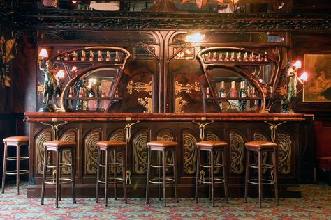 Find out what the best height for your bar top is, whether it's for your kitchen breakfast bar, wet bar in your basement, or the local pub. Guild Building, Diy Basement Bar, Art Nouveau Bar, Art Nouveau Kitchen, Tin Tan, Diy Bar Stools, Paris Bars, Dancing Peacock, The Outer Worlds