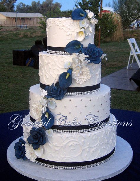 https://flic.kr/p/GM65me | Elegant White Butter Cream Wedding Cake with Navy Blue Ribbon and Bling accented with Navy Blue, White and Silver Sugar Paste Flowers Navy Blue Wedding Cakes, Wedding Cake Navy, Cream Wedding Cakes, Colorful Wedding Cakes, Wedding Cakes Elegant, Wedding Royal, White Buttercream, Floral Wedding Cakes, Buttercream Wedding Cake