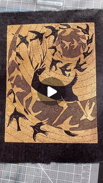 Meg Tannehill Justice on Instagram: "A small block I carved during the festival last weekend. I printed it up Saturday in Cranfields gold metallic ink onto handmade black Li Lokta paper from Nepal.  I love this paper, it is rather textured and fibrous which makes beautiful edges. 
This print was inspired by thoughts of “finding our own way” in what ever capacity that means to your own heart, to interpret your own way. 🖤🖤🖤 I’ll list a few when they are dry ☺️✨ #findingyourway #beespringstudio #risingup 
.
.
.
.
#risingfromtheashes #linocutprint #blockprint #interpretiveart #artwithmeaning #meaningfullife #arttherapy #arttherapylife #artstudio #artistatwork #artoftheday #artgallery #artlover #createeveryday #goldart #handmadepaper #inspiredbynature #natureinspiredart #printmaking #printma Art With Meaning, Spring Studios, Lokta Paper, Printmaking Art, What Ever, Gold Art, The Festival, Linocut Prints, Linocut