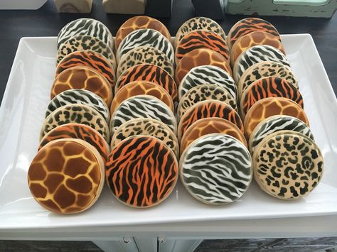 Animal print cookies! It's a jungle out there. Zebra Cookies, Tiger Cookies, Giraffe Cookies, Safari Cookies, Baby Shower Safari Theme, Wild Birthday Party, Cutout Cookies, Animal Print Party, Wild One Birthday Party