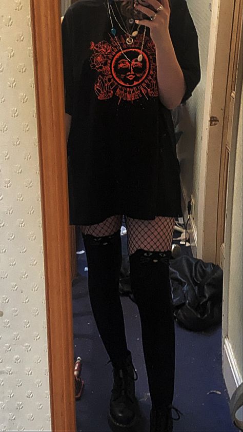 Fishnets And Knee High Socks Outfit, Tshirt And Fishnets Outfit, Fishnets And Thigh High Socks, Oversized Tshirt Fishnet Outfit, Oversized Tshirt Outfit With Fishnets, Astrology Outfits Aesthetic, Aesthetic Outfits Oversized Tshirt, Tshirt As A Dress, Knee High Socks Outfit Grunge