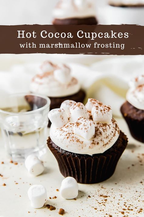 Hot Cocoa Cupcakes, Cupcakes With Marshmallow Frosting, Cocoa Cupcakes, Marshmallow Frosting Recipes, Marshmallow Fluff Frosting, Marshmallow Icing, Hot Chocolate Brownies, Peppermint Schnapps, Hot Chocolate Cupcakes