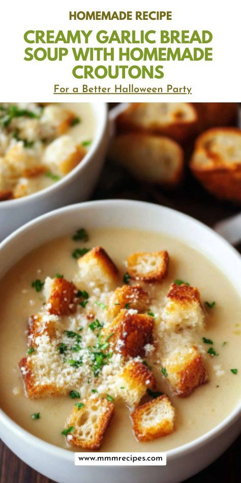 Indulge in creamy garlic bread soup topped with crunchy homemade croutons—warm, savory, and ideal for any season! It’s perfect served with pork BBQ sauce or pulled pork dip, making it a delightful pairing for leftover smoked pork. Enjoy it as a hearty lunch or comforting dinner. Save this unforgettable soup recipe for a cozy, satisfying meal! Recipes With Croutons Dinners, Garlic Bread Soup, Leftover Smoked Pork, Pulled Pork Dip, Pork Dip, Pork Bbq Sauce, Soup With Croutons, Easy Homemade Soups, Homemade Garlic Butter