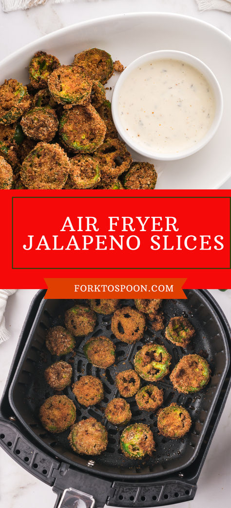 These spicy, breaded air fryer jalapeño slices are a quick and easy take on jalapeño poppers. Made with just breadcrumbs, egg, and jalapeños, this recipe is simple, flavorful, and delivers a satisfying kick. It's a low-calorie, diet-friendly snack that’s sure to please. Jalapeno Snacks Healthy, Jalapeno Snack Recipes, Fried Jalapeno Slices Air Fryer, Air Fryer Jalapeno Peppers, Jalapeno Recipes Healthy, Air Fryer Jalapeno, Fried Jalapenos, Jalapeño Poppers, Jalapeno Recipes