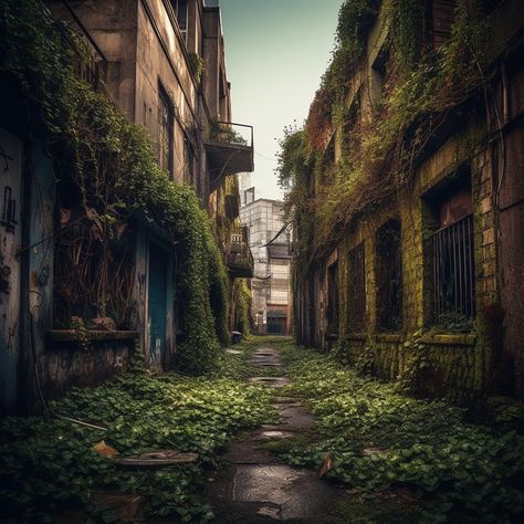 Overgrown city street, vines on cracked pavement. Nikon D850, vibrant colors, moody lighting. #PostApocalyptic #NikonD850 Cracked Pavement, Overgrown City, 3d Platform, Moody Lighting, The Doors Of Perception, Nikon D850, City Scape, Post Apocalypse, City Street