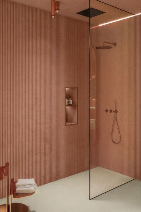 Terracotta Bathroom, Interior Cladding, Trends 2025, Bathroom Inspo, Bathroom Renos, House Inspo, Interior Design Trends, Bathroom Inspiration, Bathroom Interior Design