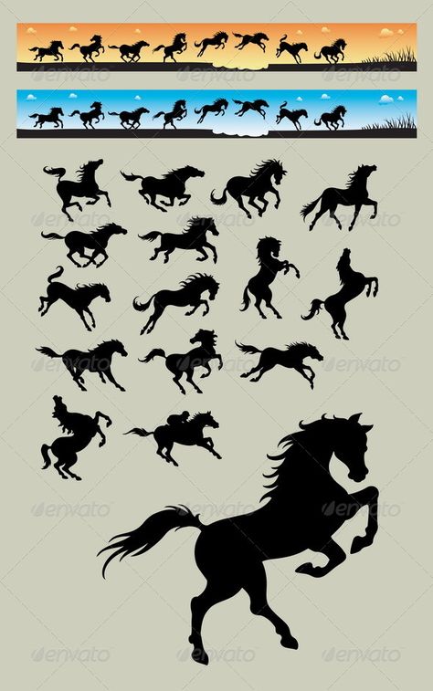 Horse Running Silhouettes  #GraphicRiver         Smooth and detail vector silhouettes Horse Sillhoute, Orange And Blue Background, Horses Running Drawing, Horse Running Silhouette, Tennessee Walking Horse Silhouette, Running Horse Outline, Running Silhouette, Horse Running, Horse Sketch