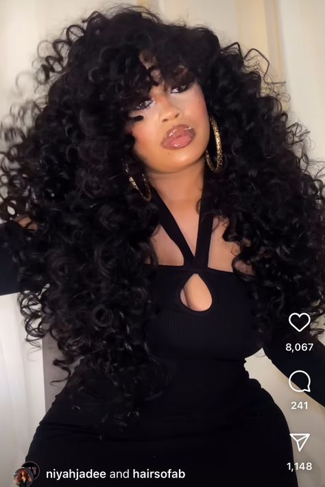 Deep Wave Wig With Bangs, Curly Bangs Long Hair, Big Hair Black Women, Curly Bangstyle Hair, Dramatic Curls, Curly Bangs Hairstyles, Big Long Curly Hair, Big Wavy Hair, Big Volume Hair