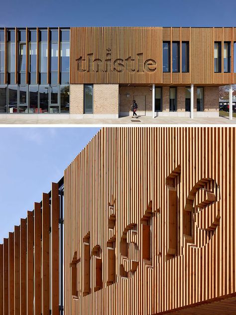 9 Design Ideas For Creative And Modern Wood Signs Fasad Design, Architecture Facade, Wood Facade, Wood Logo, Exterior Signage, Shop Front Signage, Wood Siding, Retail Interior, Building Facade