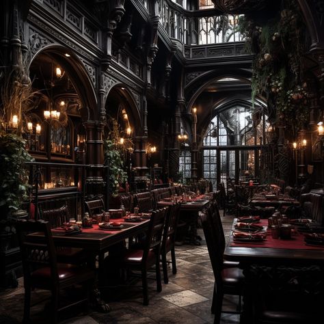 Gothic Architecture House Exterior, Goth Club Interior, Gothic Dining Hall, Gothic Restaurant Interior Design, Industrial Gothic Interior, Goth Restaurant, Dark Restaurant Interior, Gothic Cafe, Gothic Restaurant