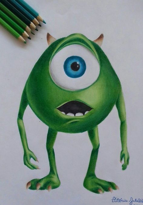 Disney Prismacolor Drawing, Colorpencils Drawing Idea, Mike Wazowski Drawing, Word Tattoo Designs, Colored Pencil Art Projects, Disney Character Drawings, Word Tattoo, Color Pencil Illustration, Prismacolor Art