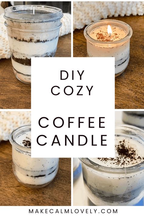 DIY this cozy coffee candle. A great DIY project that creates something calming and lovely for your home. Diy Coffee Candle How To Make, How To Make Coffee Scented Candles, Coffe Candle Diy, Wax Melt Candles, Coffee Candle Recipe, Coffee Scented Candles Diy, Cute Homemade Candles, Coffee Candles Diy, Coffee Candle Ideas