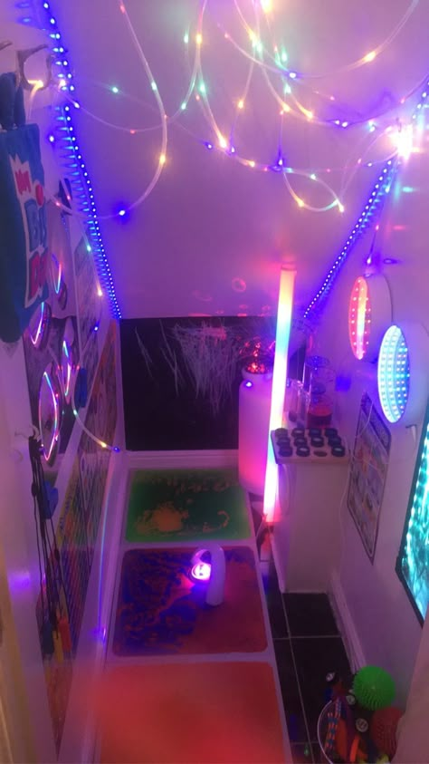 My sons sensory room under the stairs Under The Stairs Sensory Room, Light Sensory Room, Under Stairs Sensory Den, Sensory Closet, Sensory Room Ideas For Adults, Sensory Corner, Sensory Bedroom, Sensory Area, Room Under The Stairs