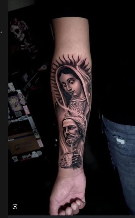 Neck Tattoos Ideas Women, Virgen Mary Tattoo For Women Sleeve, San Judas Forearm Tattoo, Tattoo Ideas San Judas, Virgin Mary And San Judas Tattoo, San Judas And Virgen Tattoo, San Judas And Virgen Tattoo Together, San Judas Hand Tattoo, Virgin Mary Tattoo For Women Arm