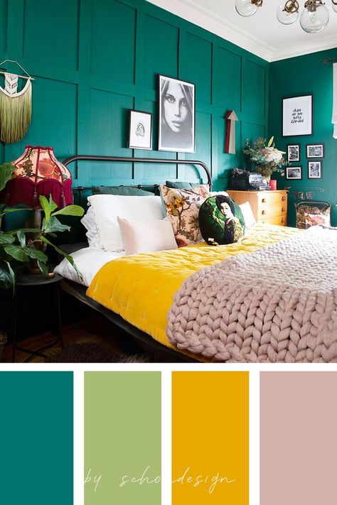 Green And Yellow Bedroom Decor, Bedroom Color Combination Green, Teal Yellow Bedroom, Yellow Color Palette Bedroom, Green And Yellow Bedroom Ideas, Yellow And Green Bedroom, Sage Green Color Combinations, Green Color Palette Bedroom, Green And Yellow Bedroom