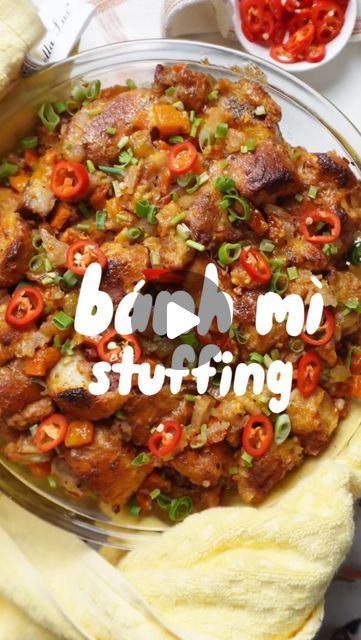 Sylvia Nguyen on Instagram: "💭 This is the STUFFing that dreams are made of! 🤩 Sometimes the most delicious recipes come from a little playtime in the kitchen and asking yourself “What if?” 

👉Comment “STUFFING” to receive a mobile friendly recipe you can save to your camera roll! 

✨This Banh Mi Stuffing brings Vietnamese flavours to a traditional side dish. If you’re a big fan of stuffing like me, give this recipe a try and become a #PotluckHero. Perfect for a Thanksgiving table, a Friendsgiving party or just grab a giant spoon and dig in when you want something savoury, exciting and comforting - we don’t judge here! 

WHOSE BRING THIS TO THEIR NEXT POTLUCK?! 👀
.
.
#vietnamesefood #stuffing #thanksgiving #sidedishes #potluck #banhmi #homecooking" Thanksgiving Recipes Asian, Asian Thanksgiving, Giant Spoon, Friendsgiving Party, Banh Mi, Vietnamese Recipes, Thanksgiving Table, Home Cooking, Thanksgiving Recipes