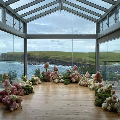 Sammy Bate on Instagram: “for brad, as he proposed to his beautiful girlfriend anna. {she said yes!}” Ground Floral Installation Wedding, Ground Florals, Floor Flowers, Flower Ceremony, Garden Ceremony, Floral Installations, Hydrangeas Wedding, Indoor Ceremony, Portugal Wedding