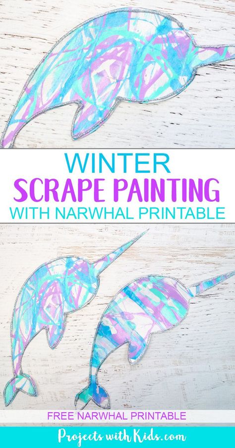 This winter scrape painting activity is a fun and super easy process art project that kids in preschool and beyond will love! Use icy winter colors to make this narwhal craft and edge them in silver glitter for an extra special touch. Free narwhal printable template included. #wintercrafts #processart #kidspainting #projectswithkids Narwhal Craft, Easy Process Art, Arctic Animals Preschool, Arctic Animals Crafts, Winter Animal Crafts, Scrape Painting, Winter Art Projects, Polar Animals, Art Projects For Kids