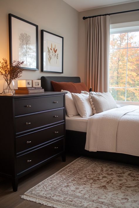 Design a modern master bedroom with these trending decor tips and ideas. Bedroom Inspirations Master Cozy Dark Furniture, Smaller Master Bedrooms, Dark Brown Dresser Bedroom, Bedroom Decor Dark Furniture, Grey Furniture Bedroom, Dark Wood Bedroom Furniture Decor Ideas, Bedroom Inspirations Master Cozy, Bedroom New York, Dark Furniture Bedroom