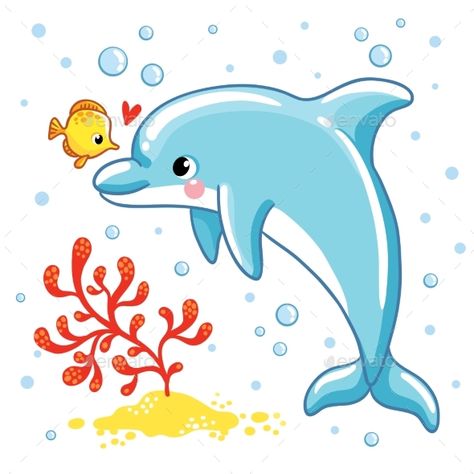 Cute cartoon dolphin. Love Dolphin on a white background. Vector illustration. Dolphin Drawing, Cartoon Dolphin, Dolphin Painting, Cartoon Sea Animals, Dolphin Art, Art Drawings For Kids, Kawaii Drawings, Drawing For Kids, Cartoon Animals