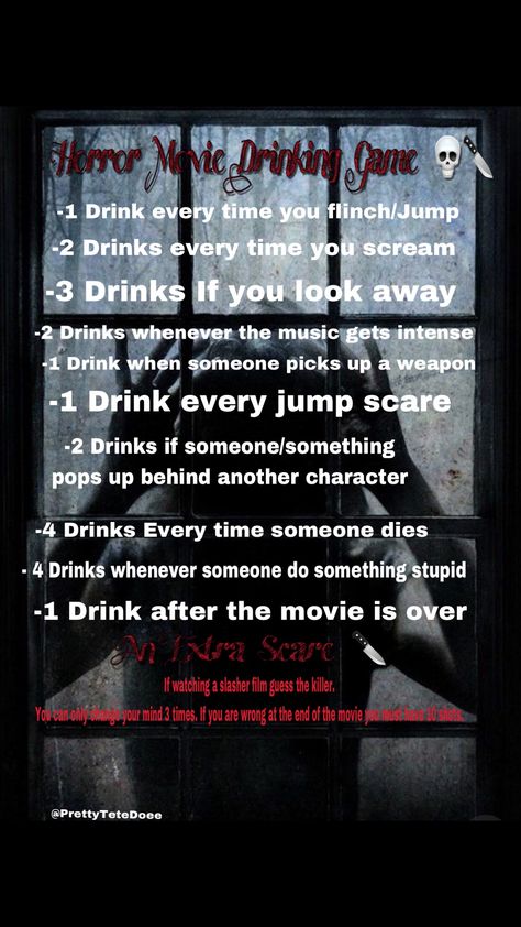 Couldn’t find a Horror Movie Drinking Game So I made my own.   #Horror #ScaryMovie #HorrorMovie #Drinking #DrinkingGame #Games Drinking Game Movie, Halloween Drinking Games, Drinking Game Rules, Movie Drinking Games, Sleepover Party Games, Best Halloween Movies, Drinking Games For Parties, Fun Drinking Games, Spooky Snacks