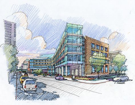 Parker Studios Inc. - Colored Pencil Concepts 2 Colored Pencil Architecture, Colored Pencil Architecture Drawing, Pencil Rendering Architecture, Color Pencil Building Drawing, Pencil Sketches Architecture, Colored Pencil Interior Rendering, Buildings Sketch Architecture, Color Pencil Sketch, Color Pencil Illustration