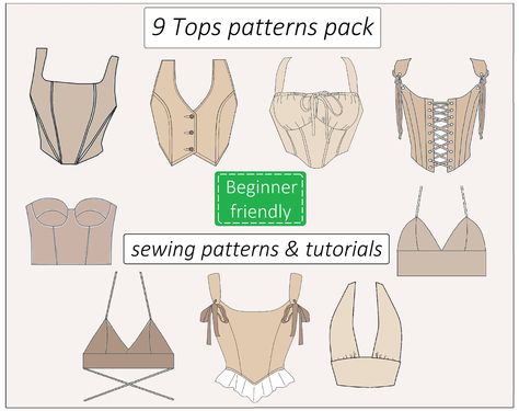 Set of 9 Top Patterns, Corset Top Pattern, Trendy Corset Pattern PDF Front Lace, Crop Top Bustier Sewing Pattern Milkmaid Instant Download - Etsy Sew A Top Pattern, Crop Top Template Sewing, Handkerchief Sewing Pattern, Sewing Patterns For Corsets, Beginner Corset Pattern, Rave Top Pattern, Corset Shirt Pattern, Beginner Sewing Outfits, Lace Sewing Patterns