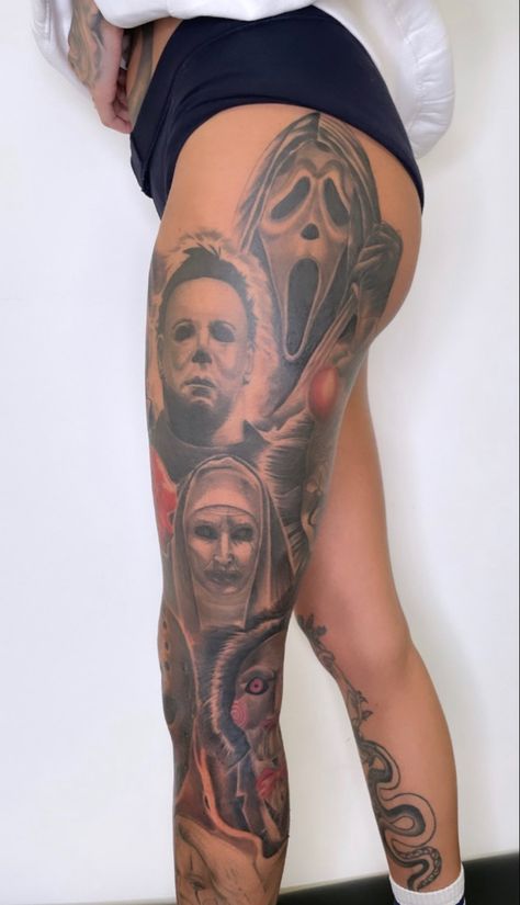 Chucky And Chucky Tattoo, Ghost Face Tattoo Sleeve, Scary Movie Leg Sleeve, Chucky Tattoo On Leg, Scary Movie Tattoos Leg Sleeve, Chucky Gemini Tattoo, Jason Freddy Michael Myers Chucky Tattoo, Horror Movie Leg Tattoos, Chunky Tattoo Ideas