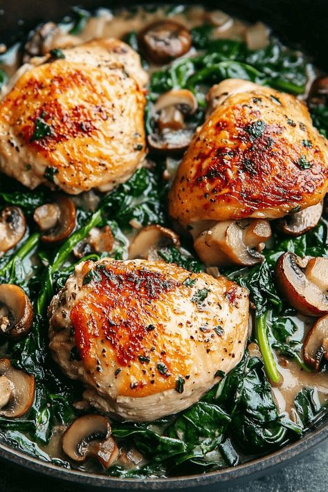 Creamy Garlic Skillet Chicken With Spinach, Chicken Thigh Spinach Recipes, Chicken Mushroom Spinach Recipes, Chicken Breast Spinach Mushroom, Chicken Spinach And Mushroom Recipes, Chicken And Spinach Recipes Healthy, Spinach And Chicken Recipes, Spinach And Mushroom Recipes, Mushroom Spinach Chicken