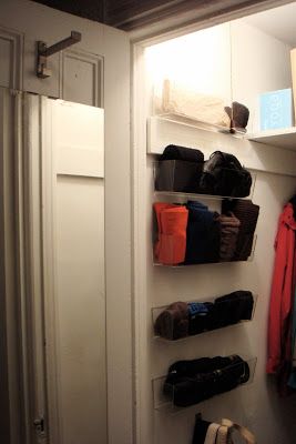 T H E O R D E R O B S E S S E D: What to Do With a Deep Coat Closet AND a Few of My Favorite Things From Ikea... Deep Closet Organization, Deep Coat Closet, Coat Closet Organization Front Entry, Small Deep Closet, Narrow Closet Organization, Stairs Shelves, Coat Closet Makeover, Coat Closet Ideas, Closet Stairs