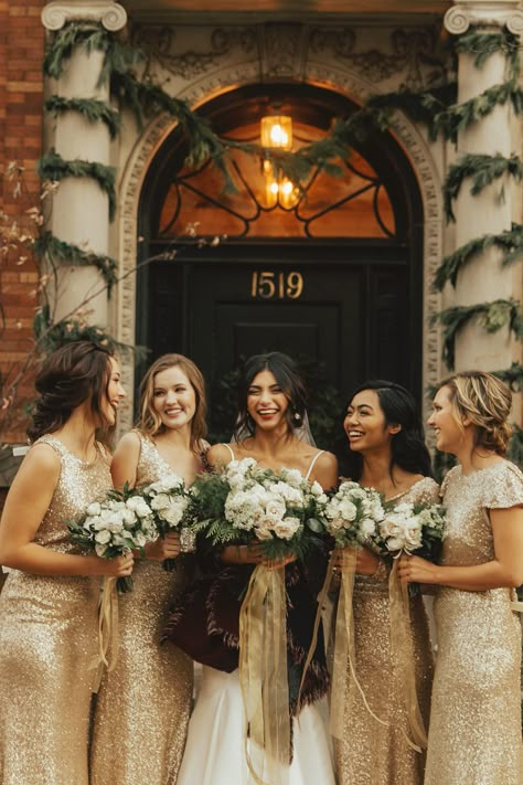 Winter Wedding Gold Bridesmaid Dresses, Gold Winter Bridesmaid Dresses, Winter Gold Bridesmaid Dresses, White And Gold Wedding Theme Bridesmaid, Gold Bridesmaid Dresses Winter, Winter Gold Wedding, White And Gold Winter Wedding, Gold Wedding Color Schemes, Winter Wedding Gold