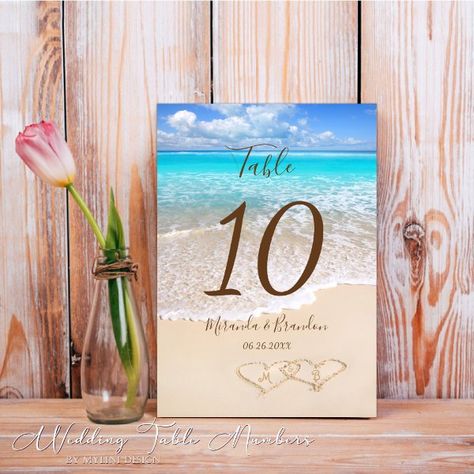 Hearts in the Sand Tropical Beach Wedding Table Number Beach Wedding Table Numbers, Enchanting Table, Beach Wedding Tables, Table Number Card, Tropical Beach Wedding, Wedding Table Number Cards, Beach Themed Party, Wedding Table Number, Table Number Cards