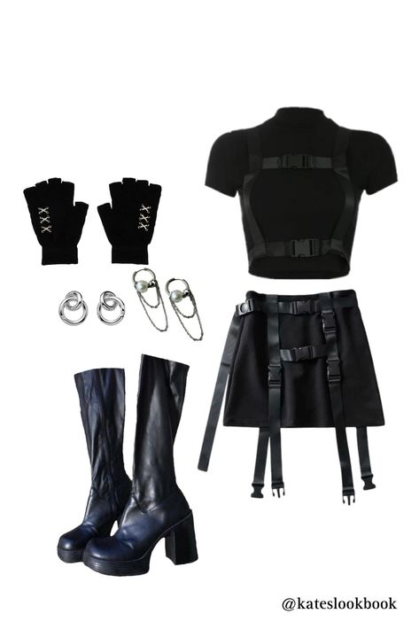 Tech Wear Skirt Outfit, Techwear Tank Top, Cyberpunk Outfit Skirt, Female Techwear Aesthetic, Tech Wear Outfits Women, Techwear Accessories Diy, Cyberpunk Skirt Outfit, Techwear Female Outfits, Treasure Inspired Outfits