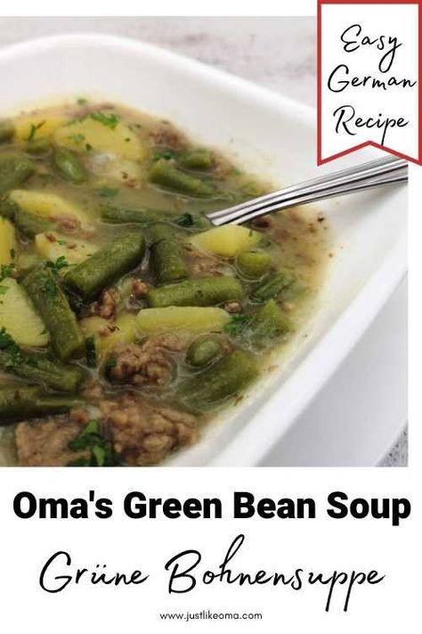 Oma's Green Bean Soup recipe is so easy. A traditional grüne Bohnensuppe that uses a basic method that’s the start of so many variations on the original German soup. German Soup, Green Bean Soup, Easy German Recipes, Green Beans Soup, German Food Authentic, German Foods, Bean Soup Recipe, Bean Soup Recipes, German Recipes