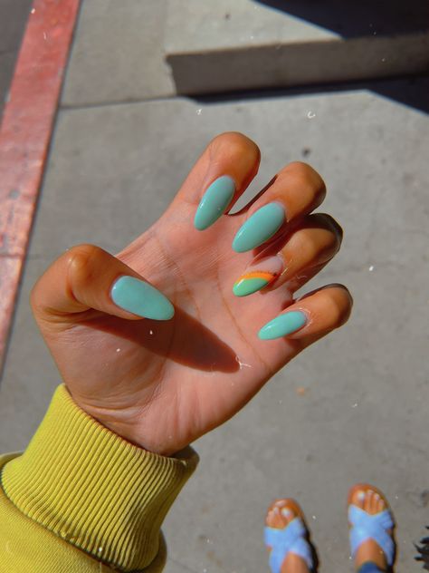 Teal Orange Nails, Nail 2022, Summer Nails Almond, Mint Green Nails, Blue Nail Color, Teal Nails, Dip Nail, Bright Summer Nails, Work Nails