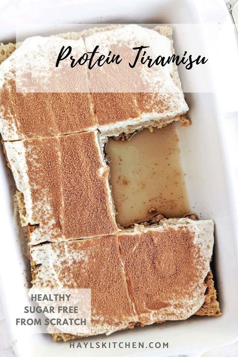 A perfect healthy Protein Tiramisu recipe with a protein cake and greek yogurt-cream cheese cream. This macro friendly tiramisu has no lady fingers, no mascarpone and no raw eggs either. Healthy Tiramisu Recipe, Protein Cake Pops, Protein Tiramisu, Healthy Tiramisu, High Protein Sweets, Protein Cakes, Clean Eating Protein, Devotion Nutrition, Protein Sweets