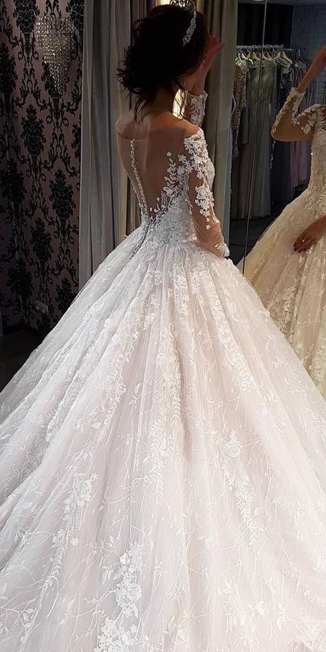 30 Ball Gown Wedding Dresses Fit For A Queen ❤ ball gown wedding dresses with long sleeves illusion back floral noranaviano sposa #weddingforward #wedding #bride Long Sleeve Wedding Dress Ball Gown, Wedding Dresses Ball Gown Lace, Champagne Wedding Gown, Ankle Length Wedding Dress, Wedding Dresses Fit, Queens Wedding, Blue Wedding Dresses, Fitted Wedding Dress, A Wedding Dress