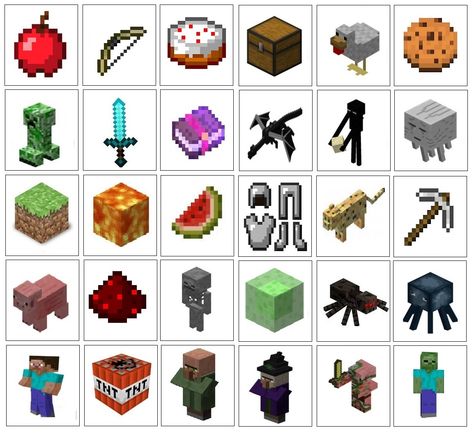 Minecraft Bingo.  Call cards.  Print these out, cut them up and use them to call out for Bingo.  Show them to younger kids, who can look for the picture on their card. Open this in Paint (or whatever program you use) and you can cut, copy and paste the different pictures into the blank card I also uploaded. Minecraft Bingo, Bingo Pictures, Minecraft Stickers, Diy Minecraft Birthday Party, Minecraft Party Decorations, Minecraft Theme, Diy Minecraft, Minecraft Birthday Party, Minecraft Birthday