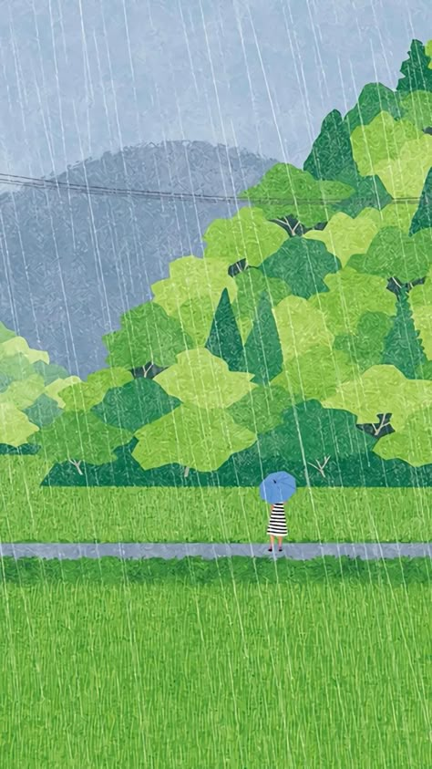 Raining Day Drawing, Walking In The Rain, People Illustration, Landscape Illustration, Naive Art, Scenery Wallpaper, In The Rain, Anime Scenery, Cute Illustration