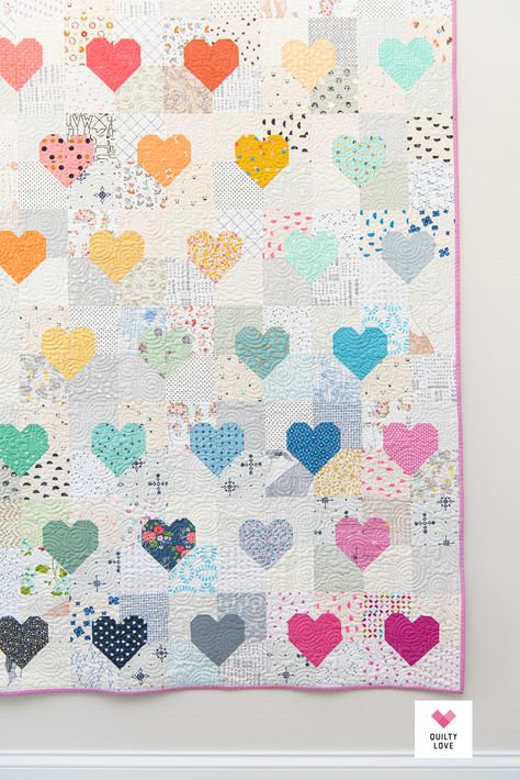 Patchwork Hearts Scrappy Rainbow Quilt - Quilty Love Hearts Quilt Pattern, Floral Quilt Patterns, Birthday Quilt, Scrap Basket, Hearts Quilt, Minky Quilt, Quilty Love, Low Volume Quilt, Heart Quilts