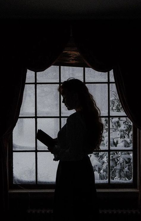 Snowy Photoshoot, One Dark Window, Rachel Maksy, Gothic Academia, Darkest Academia, Window Aesthetic, Dark Window, Christmas Silhouette, The Thick Of It