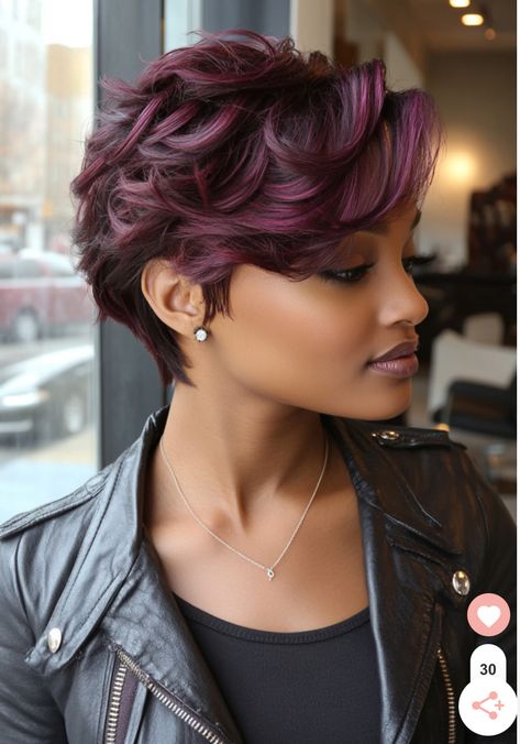 Hair Color Ideas For Black Women Short, Fall Hair Colors Short Pixie Cuts, Short Fall Hairstyles Cut And Color, Ear Length Bob Black Women, Purple Bob Black Women, Fall Hair Color For Black Women, Plum Hair Color On Black Women, Fall Hair Colors For Short Hair, Short Hair Color Trend 2024