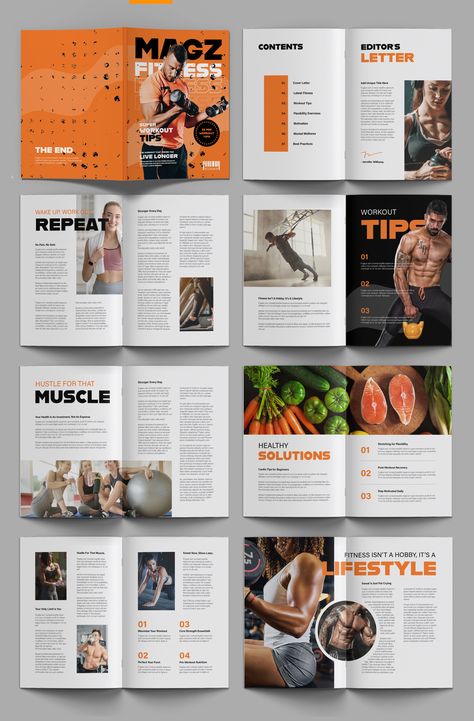 This Fitness Magazine Template is designed to make health and wellness publications stand out with modern style and readability.  Perfect for personal trainers, gym owners, and fitness enthusiasts, this template offers a sleek layout to showcase workout routines, nutrition tips, and inspirational stories. The well-structured design is fully customizable, allowing for easy updates to images, colors, and text. Mental Health Magazine Layout Design, Fitness Magazine Layout, Lifestyle Magazine Layout, Photoshop Portfolio, Gym Branding, Health Magazine Layout, Magazine Cover Layout, Brochure Design Layouts, Magazine Cover Ideas