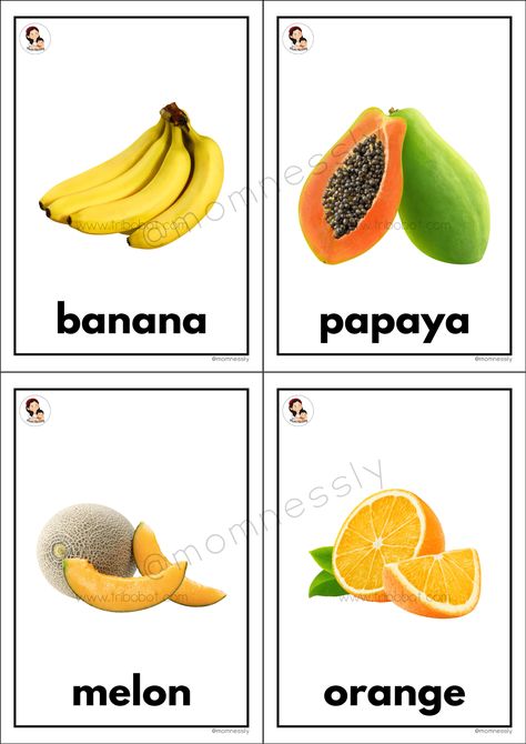 Real Fruits Flash Cards – Tribobot x Mom Nessly Senses Activities, Fruit Names, Free Printable Flash Cards, Fruit Cartoon, Learning Shapes, Fall Fruits, Printable Flash Cards, Different Fruits, Alphabet Tracing