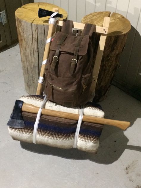 My personal bushcraft pack. I can’t wait to use it. Cost $10 to make the frame pack.  Pack is equipped with bedroll, axe, hawk, and pack full of food, fire, and other necessities. Update: it works great, just needs a little padding on the bottom rung. And maybe a little padding in the shoulders but I’m happy with it. Diorama Tutorial, Bushcraft Pack, Bushcraft Backpack, Steampunk Bag, Tactical Truck, Mountain Gear, Beach School, Primitive Survival, Simple Wood Carving