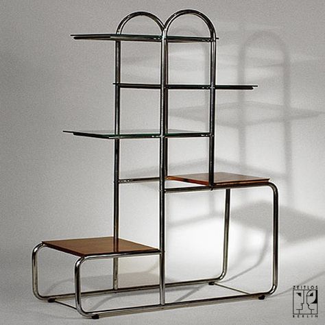 Bauhaus Industrial Design, Office Modular Furniture, Tubular Steel Furniture, Bauhaus Shelves, Tubular Furniture, Chrome Metal Shelf, Mcm Minimalist, Bauhaus Interior Design, Wood Gasifier