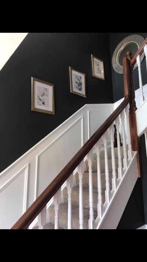 Grey Panelled Hallway, Painted Stairway Walls, Panelled Walls Stairs, Black Panelling Hallway, Hallway With Dado Rail, Black Walls Hallway, Hall Stairs And Landing Decor, Hallway Decorating Colours, Hallway Colour Ideas