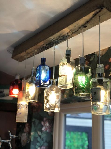 Whisky Bottle Chandelier, Pendant Lights For Bar, Beer Bottle Lights Hanging, Wine Bottle Pendant Lights, Bottle Ceiling Lights, Hanging Bottle Lights, Whiskey Bottle Chandelier, Gin Bottle Lights, Wine Glass Light Fixture